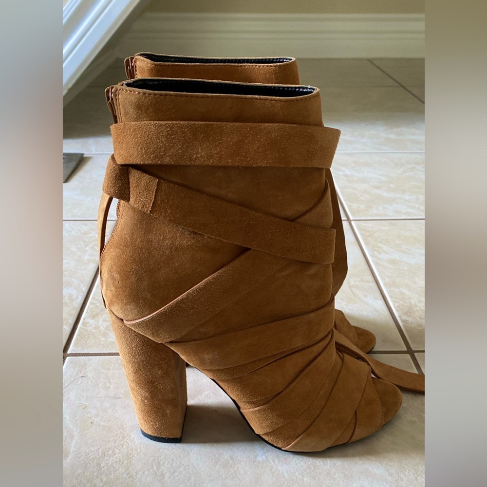 Aldo Brown suede open toe chunky heel booties
